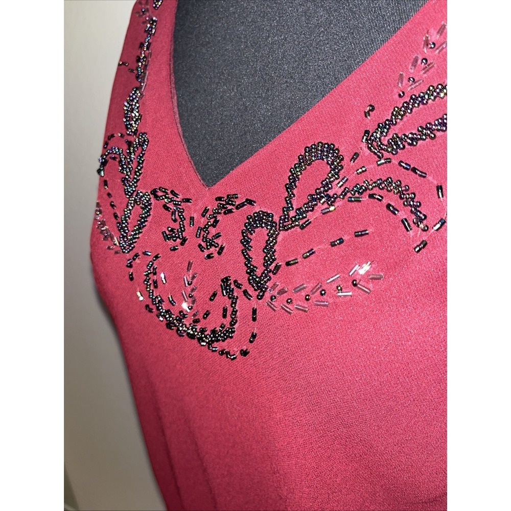 Vintage Fiesta Beaded Burgundy Dress Sz L Asymmetrical Chiffon Party Dress - Picture 3 of 7
